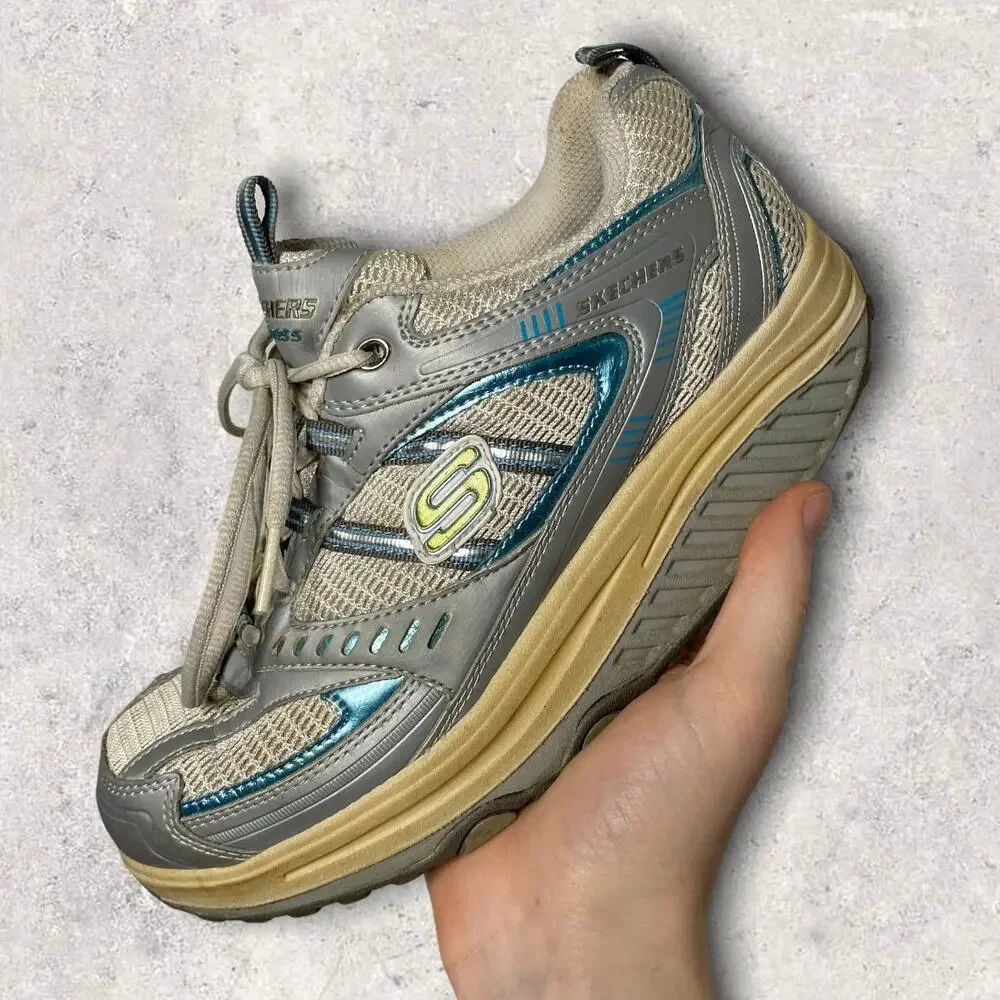 Vintage Y2K Skechers Shape up Walking Shoes Womens 7 Grey Metallic Blue - Picture 1 of 5